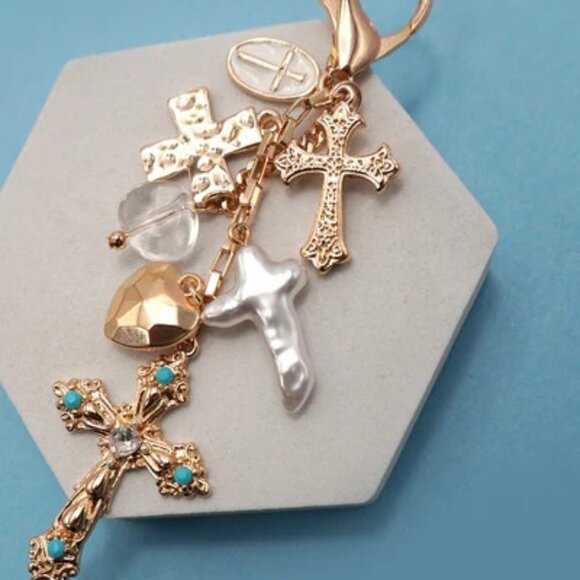 Josslyn Accessories - Bag Backpack Charm- Crosses Western Heart Pearlized Crosses Gold Tone